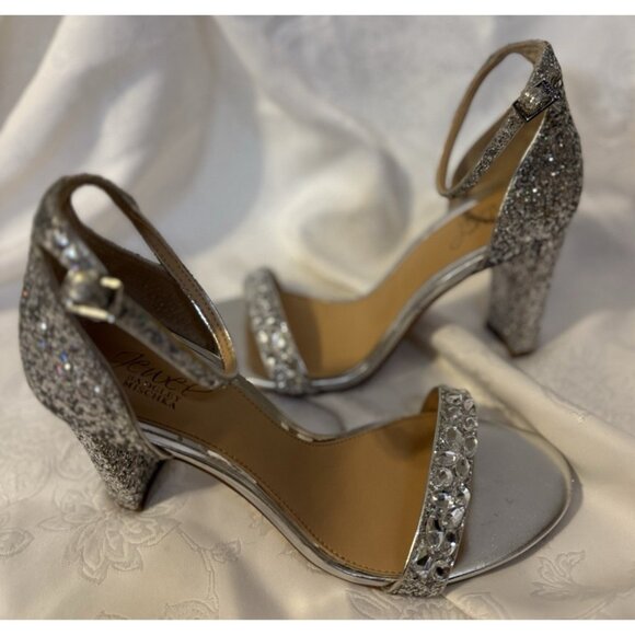 Badgley Mischka Jeweled Sandals Women 8.5 Bridal Silver Strappy Block Heel Party - Picture 1 of 14